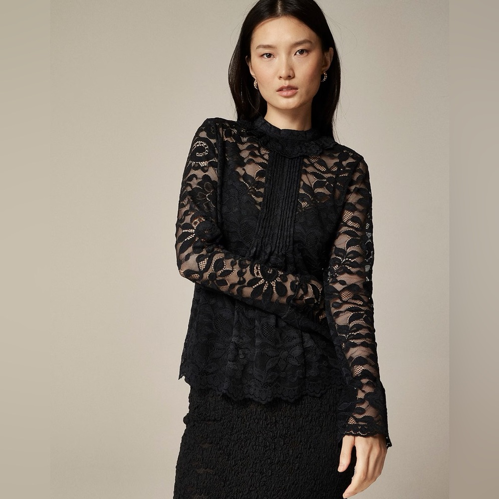 J Crew women’s Lace mockneck top with camisole long sleeve black Size 2 NWT